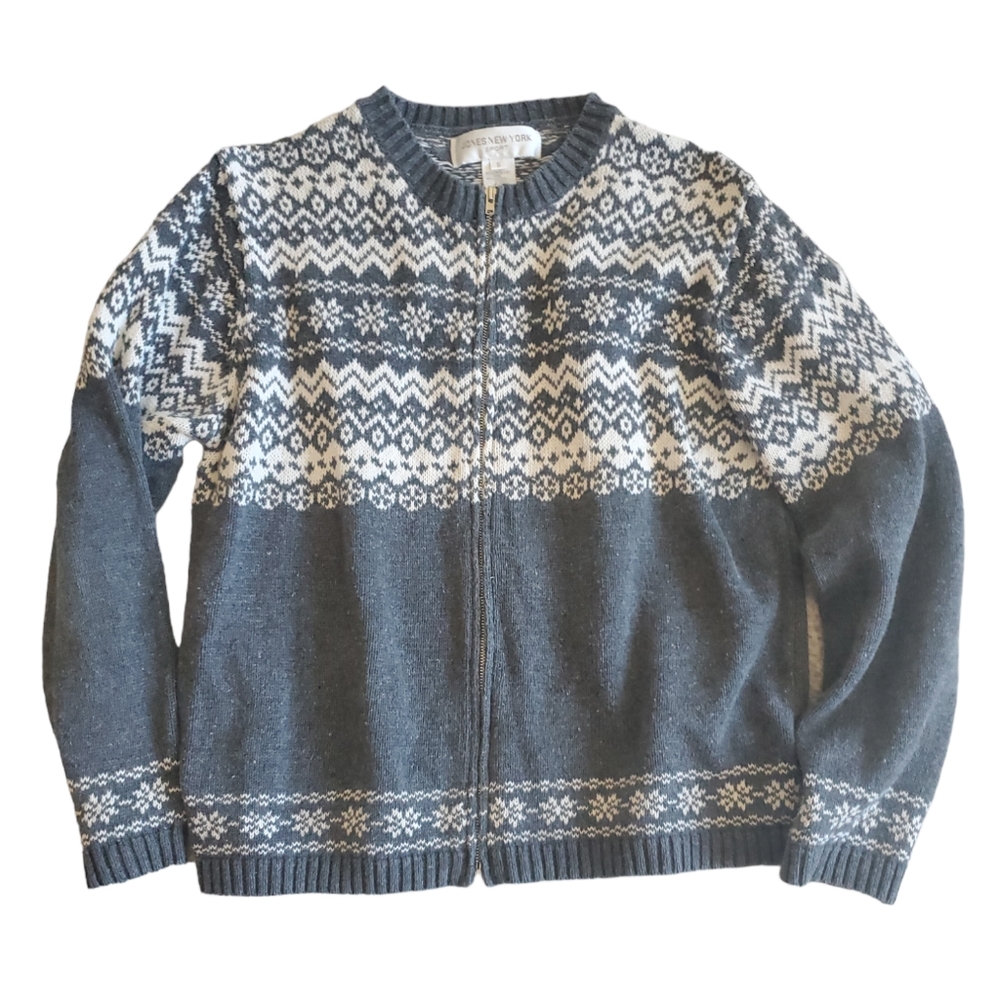 Jones New York Sport gray fair Isle full zip cardigan Small